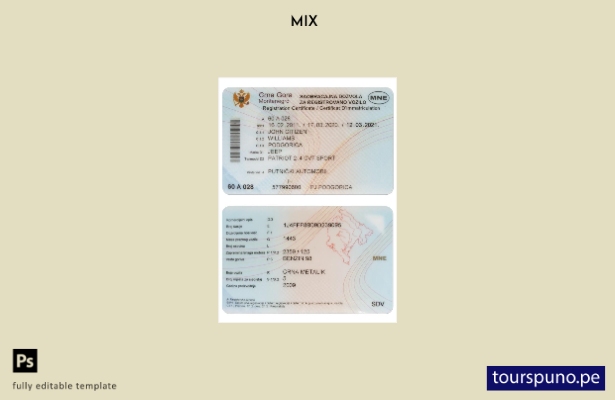 Plantilla de certificado de matriculación de vehículos de Montenegro lista para 